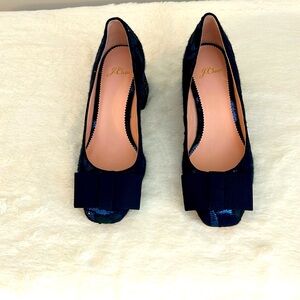 J Crew Celia bow heel pump. Jacquard glitter shimmer blue green. Size 7